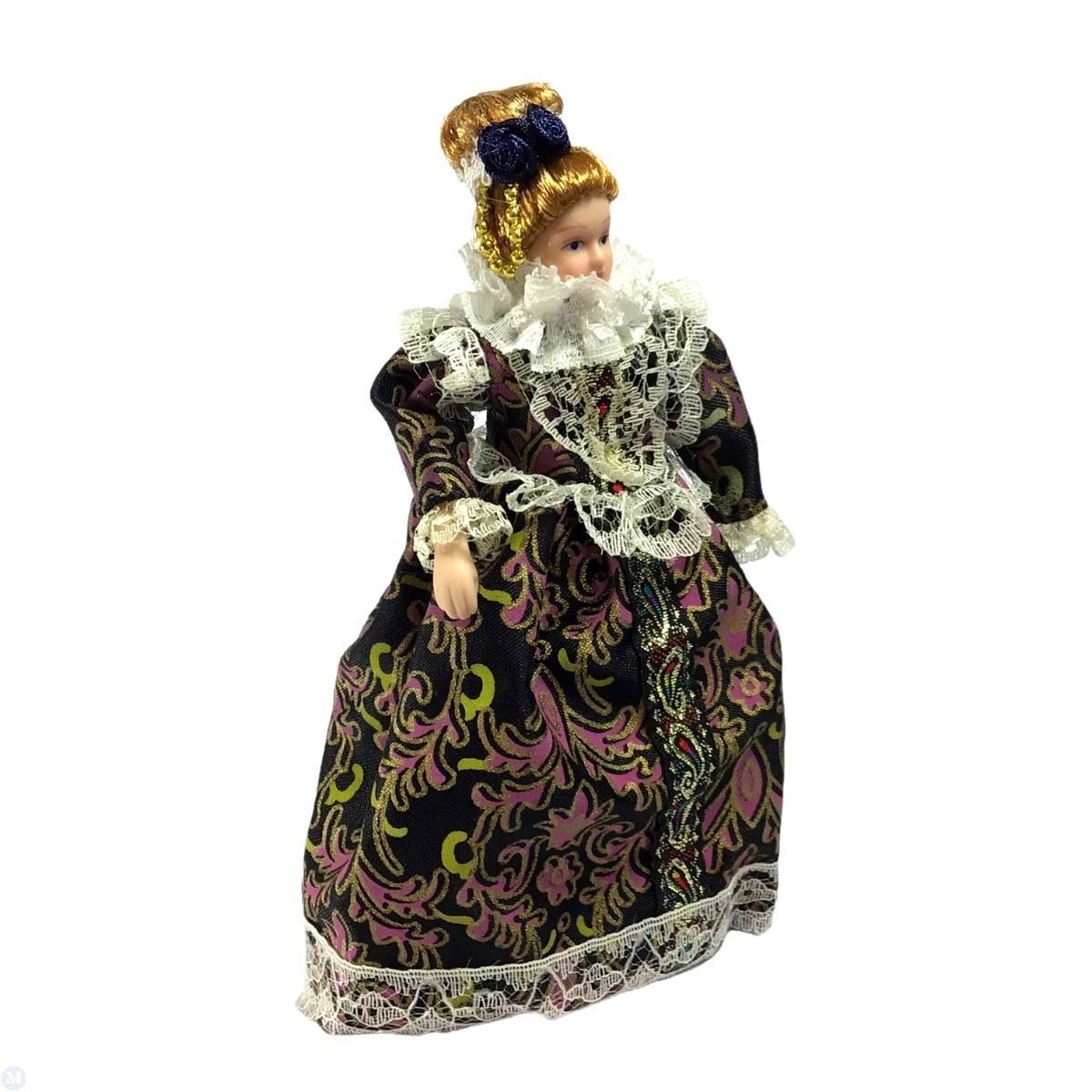 Dollhouse Victorian Porcelain Doll in Tudor Style Dress with Ruff