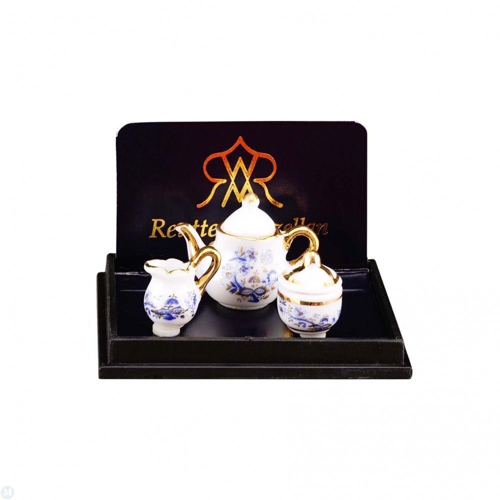 Reutter Porcelain - Dollhouse Miniature Blue and Gold Tea Set