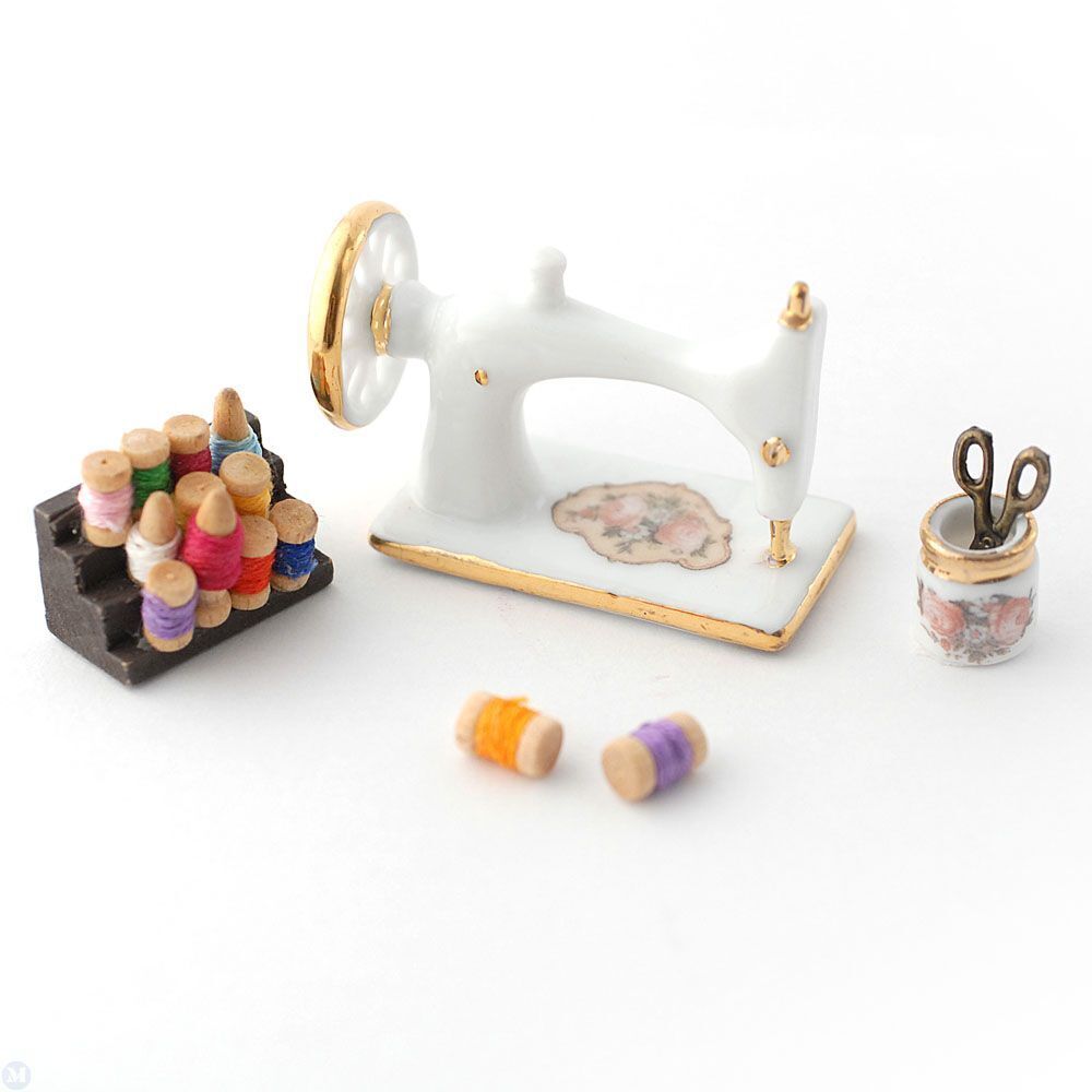 Dollhouse Miniature Sewing Machine and Accessories by Reutter Porcelain