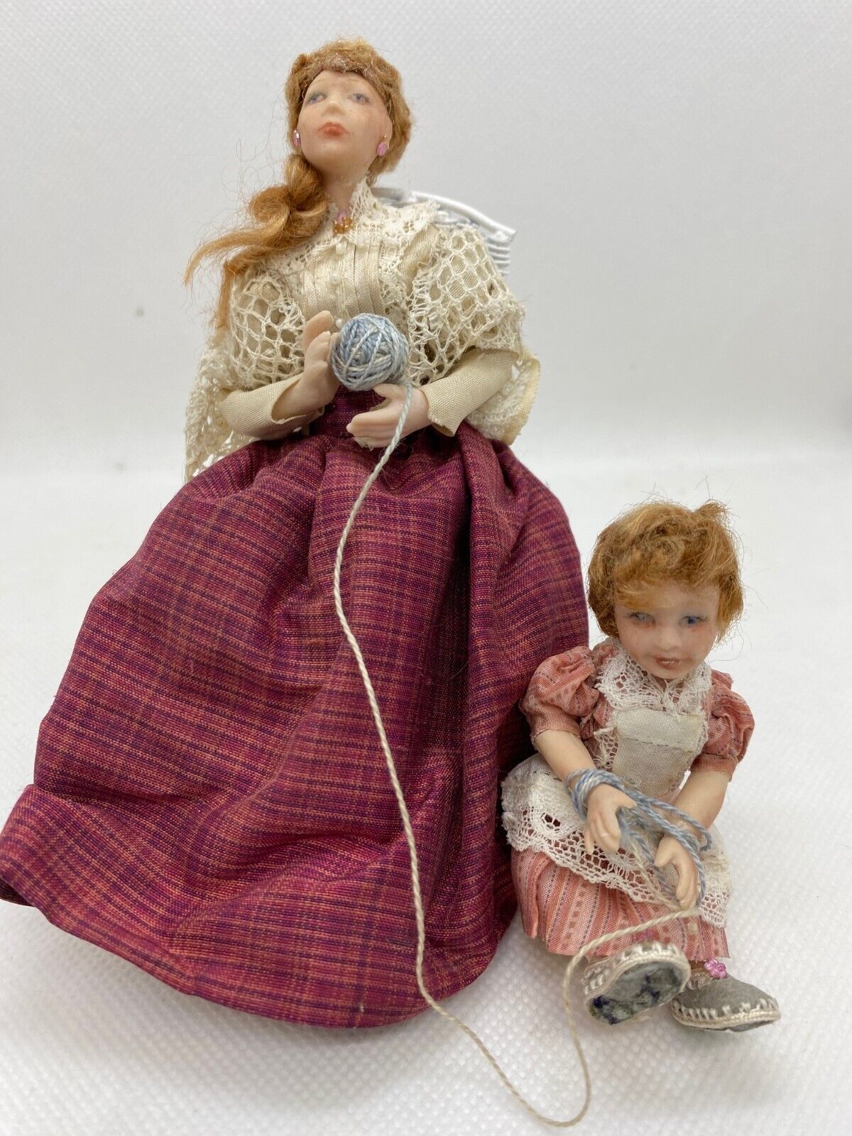 Dollhouse Miniature Handcrafted Mom and Child Dolls Holding Yarn by Pat Jackson