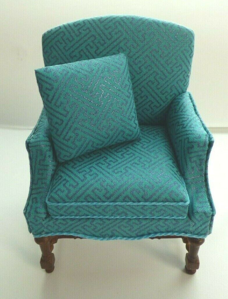 NEW by JBM Dollhouse Miniature Jacobean Armchair in Blue and Walnut