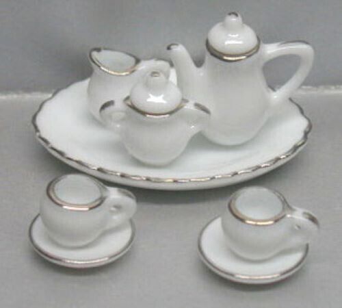 Dollhouse Miniature 10 Piece White with Silver Trim Tea Set