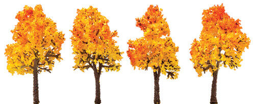 Dollhouse Miniature 3 Inch Red Orange Autumn Tree with Textured Trunk, 4pk