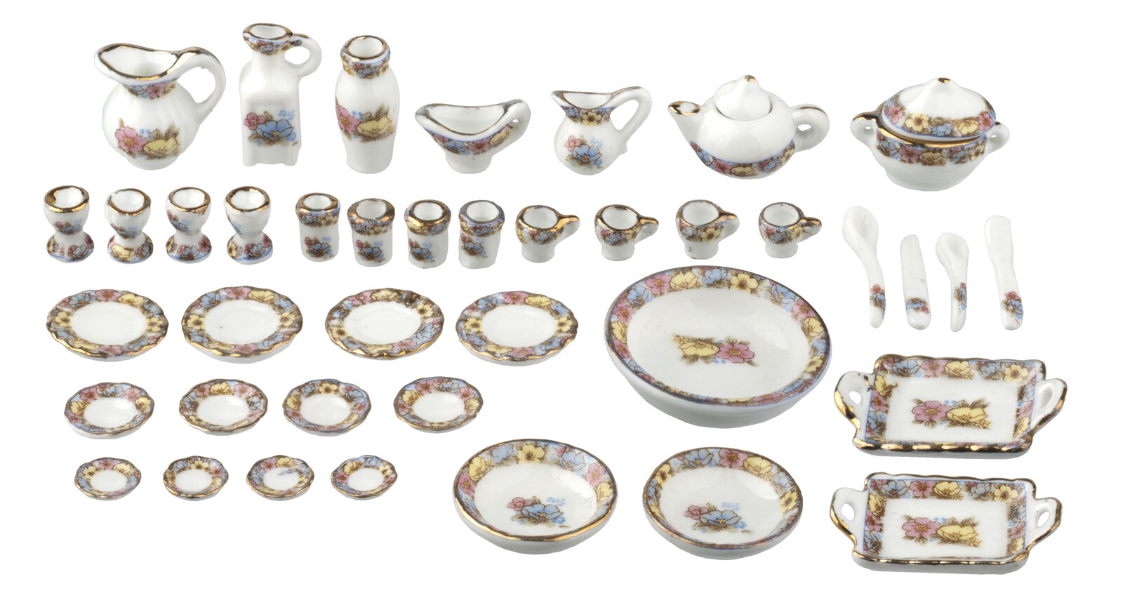Dollhouse Miniature Dining Set Yellow/Pink Floral - 42 Pieces