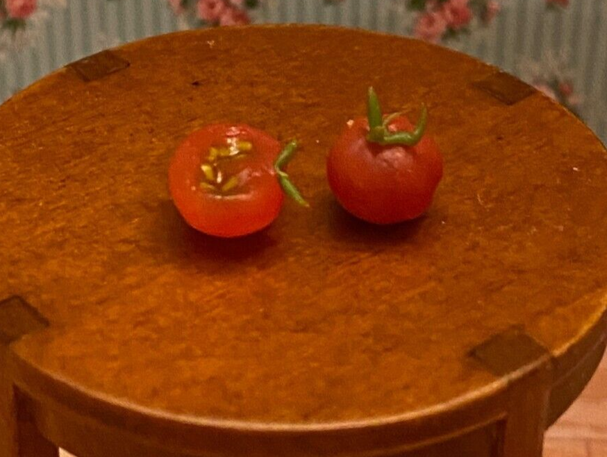 Dollhouse Miniature Set of 2 Tomatoes, 1 Cut - Handcrafted