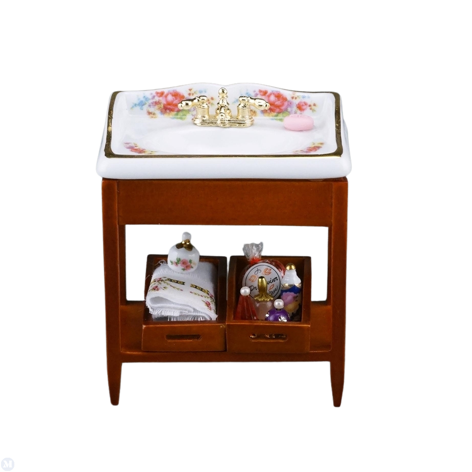 Reutter Porcelain - Dollhouse Miniature Dresden Rose Sink on Wooden Stand
