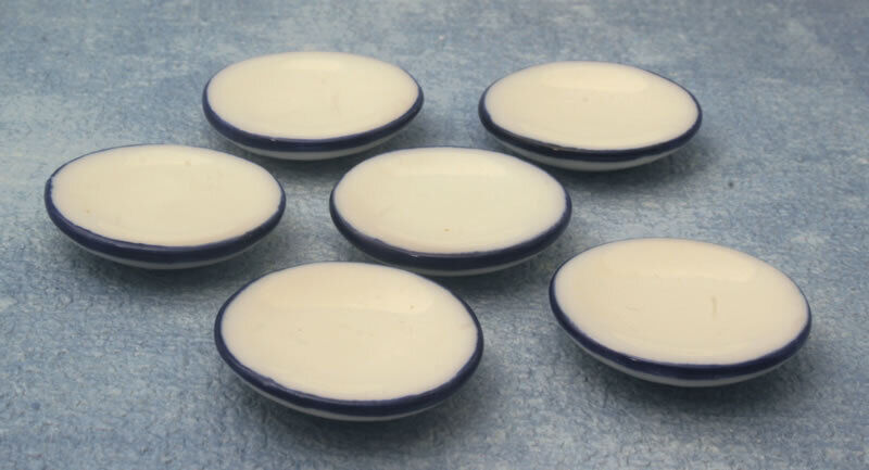 Dollhouse Miniature Set of 6 White Enamel Bowls with Blue Rims