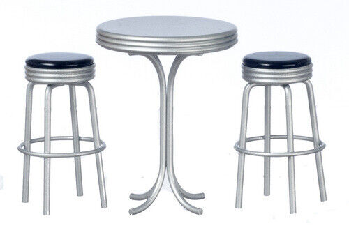 Dollhouse Miniature Tall Table with Stools, Silver and Black