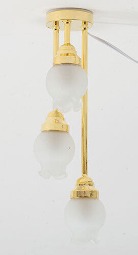 Dollhouse Miniature 3 Light Ceiling Light, Frosted Floral Shade, Brass, 12V