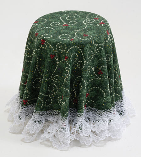 Dollhouse Miniature Skirted Table in Christmas Green Hearts Pattern with Lace Tr