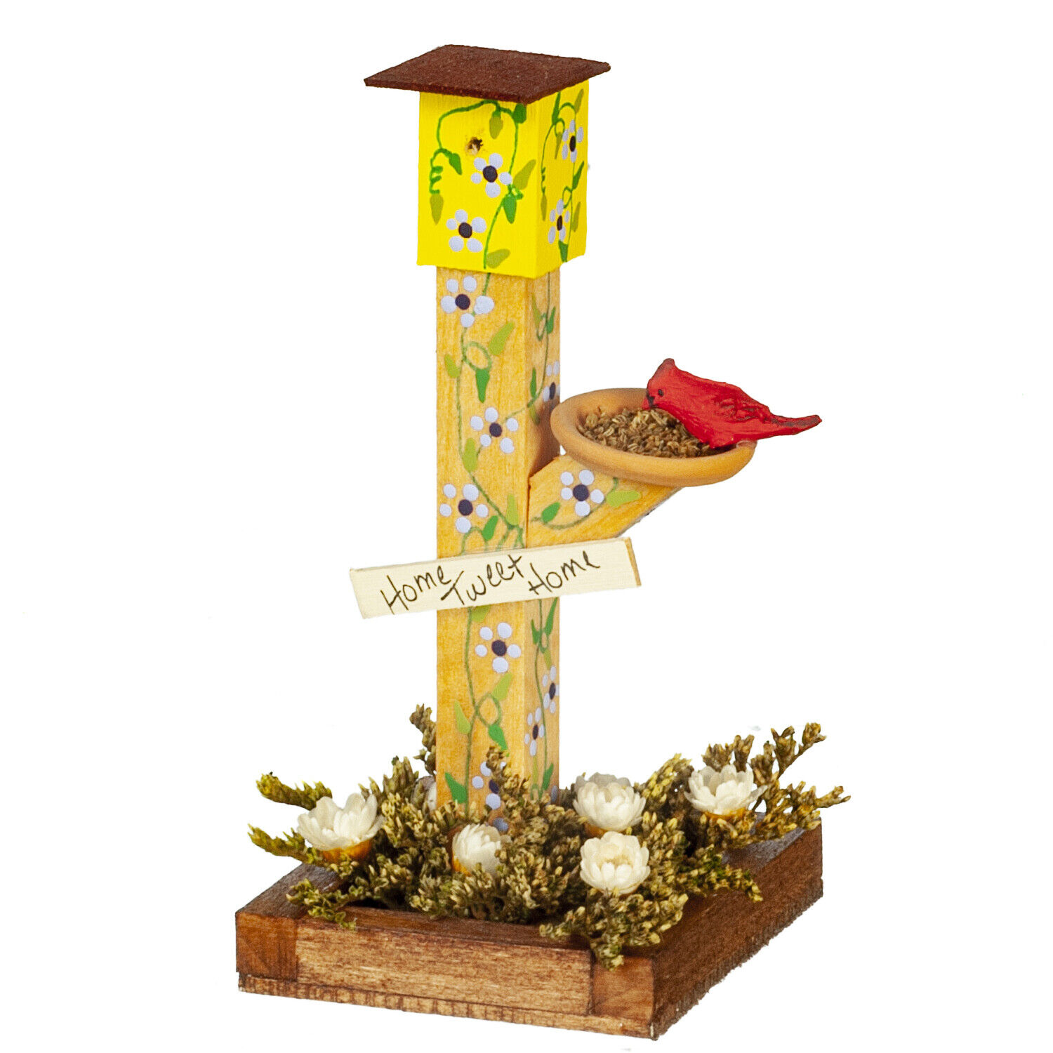 Dollhouse Miniature Yellow Wooden Birdhouse with Bird