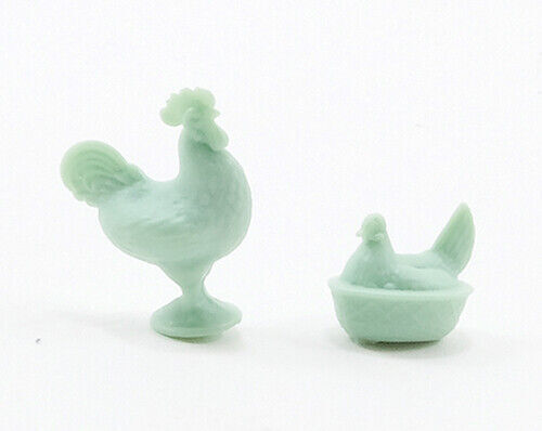 Chrysnbon Rooster and Hen Nesting Figurines - Jadite - Dollhouse Miniature