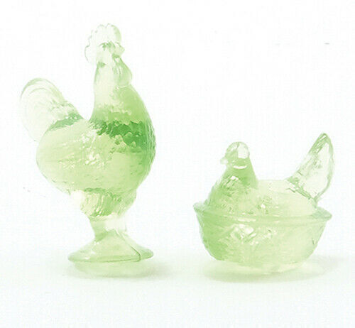 Chrysnbon Rooster and Hen Dishes Green Dollhouse Miniature