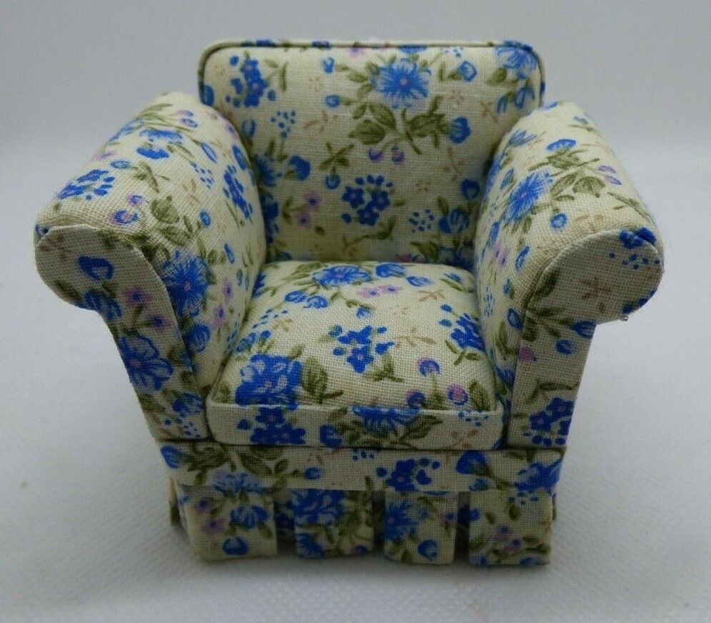 Country Style Armchair in Blue Floral by JBM - Dollhouse Miniature
