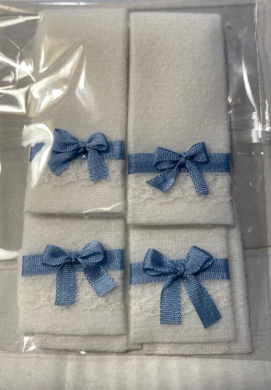 Dollhouse Miniature Bath Towel Set of 4 White and Blue Ribbon - Handcrafted