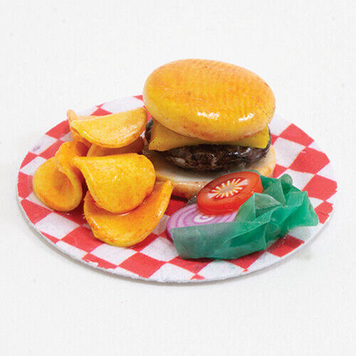 Dollhouse Miniature Hamburger with Chips and Toppings on Checkered Plate