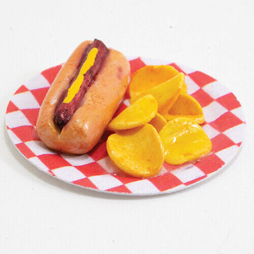 Dollhouse Miniature Hot Dog with Chips on Checkered Plate