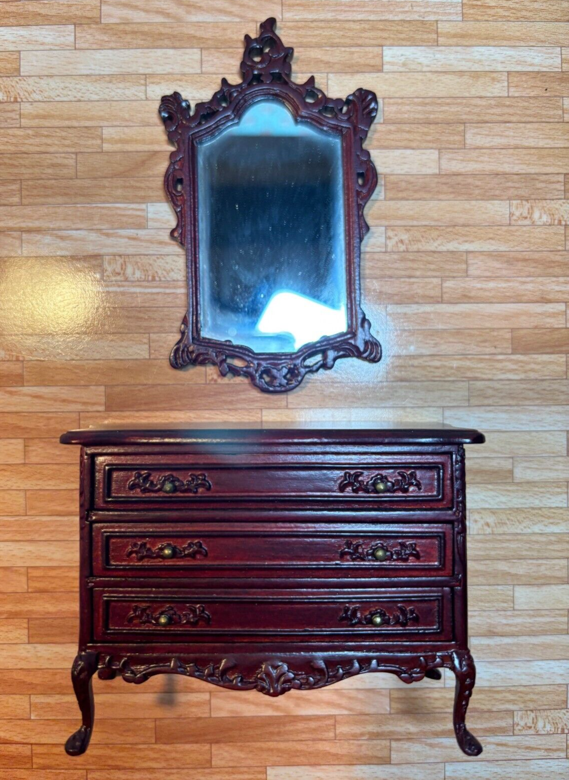 Dollhouse Miniature Mahogany Chest and Mirror by Bespaq