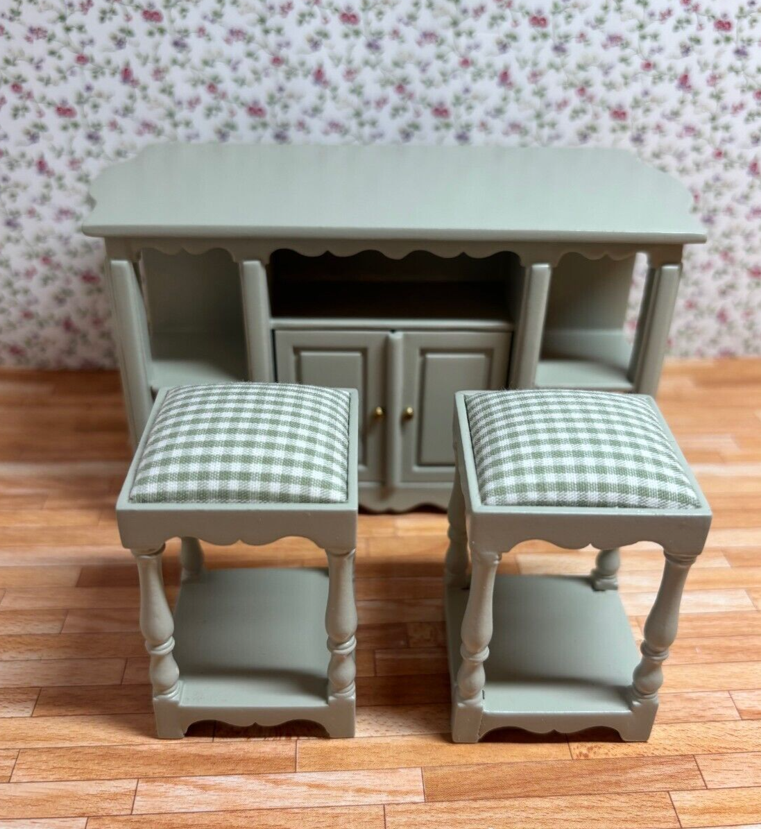 Gorgeous 3-Piece Kitchen Island + Stools for Dollhouse in Sage - Special Design