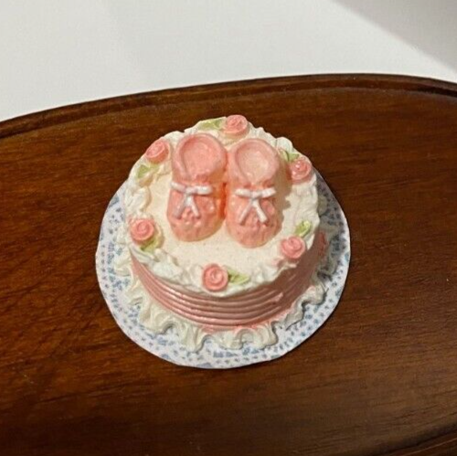 Dollhouse Miniature  Cake with Pink Baby Shoes by Falcon Miniatures