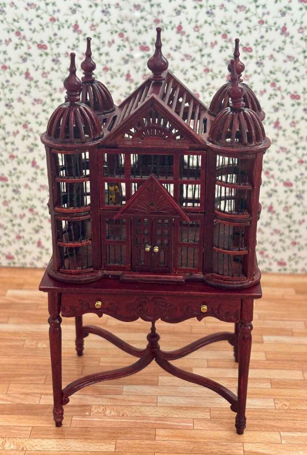 Dollhouse Miniature Elegant Mahogany Bird Cage on Table by Hansson