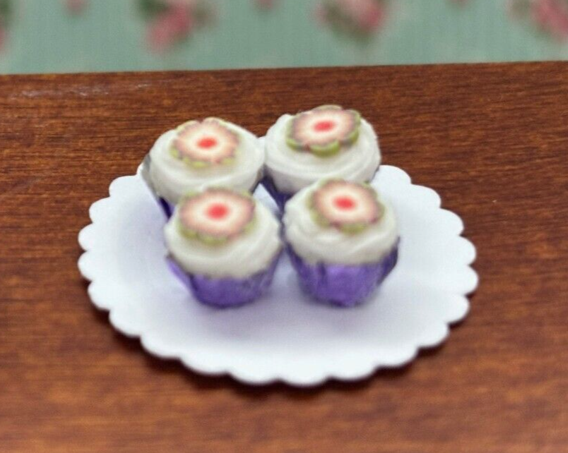 Dollhouse Miniature Plate of Purple Cupcakes Set of 4 - Handcrafted