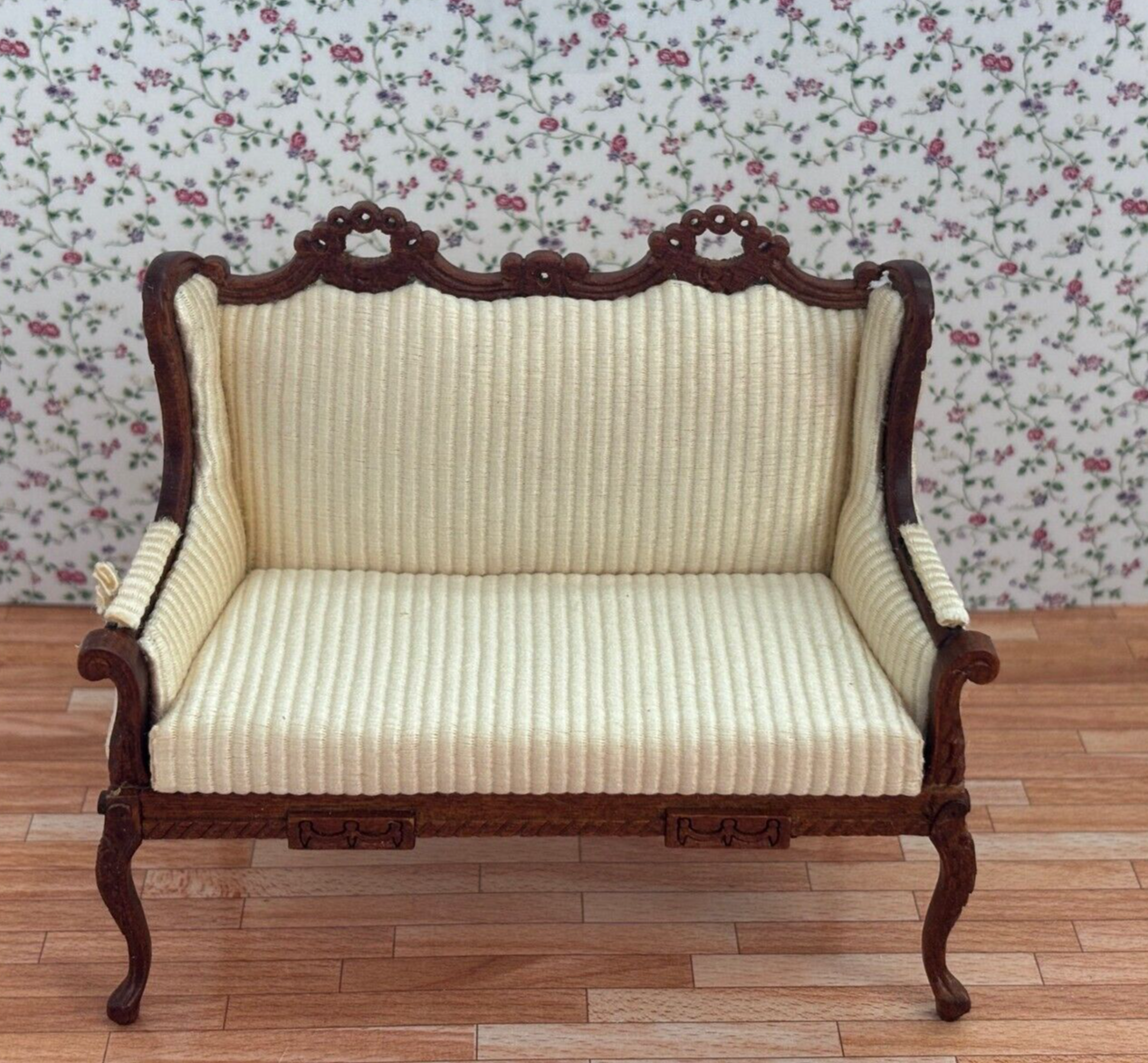 Dollhouse Miniature Walnut Settee with Corduroy Upholstery - Platinum Collection