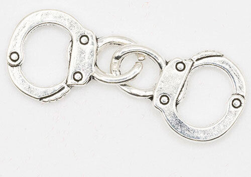 Dollhouse Miniature Locked Handcuffs, Antique Silver