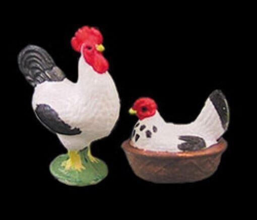Miniature Dollhouse Rooster and Hen Black and White