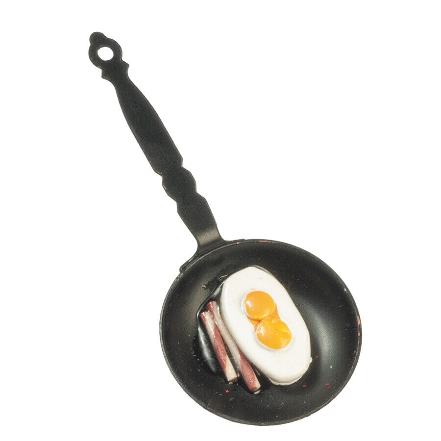Dollhouse Miniature Black Frying Pan with Eggs and Bacon