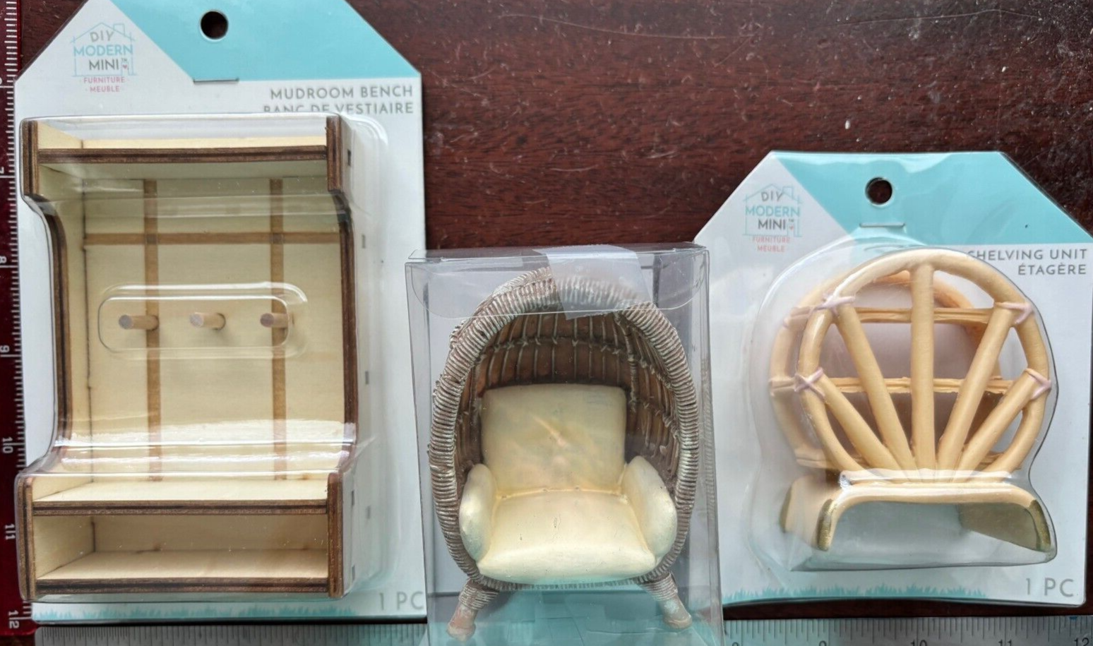 DIY Modern Mini Dollhouse Furniture - Mudroom Bench, Shelving Unit, Rattan Chair