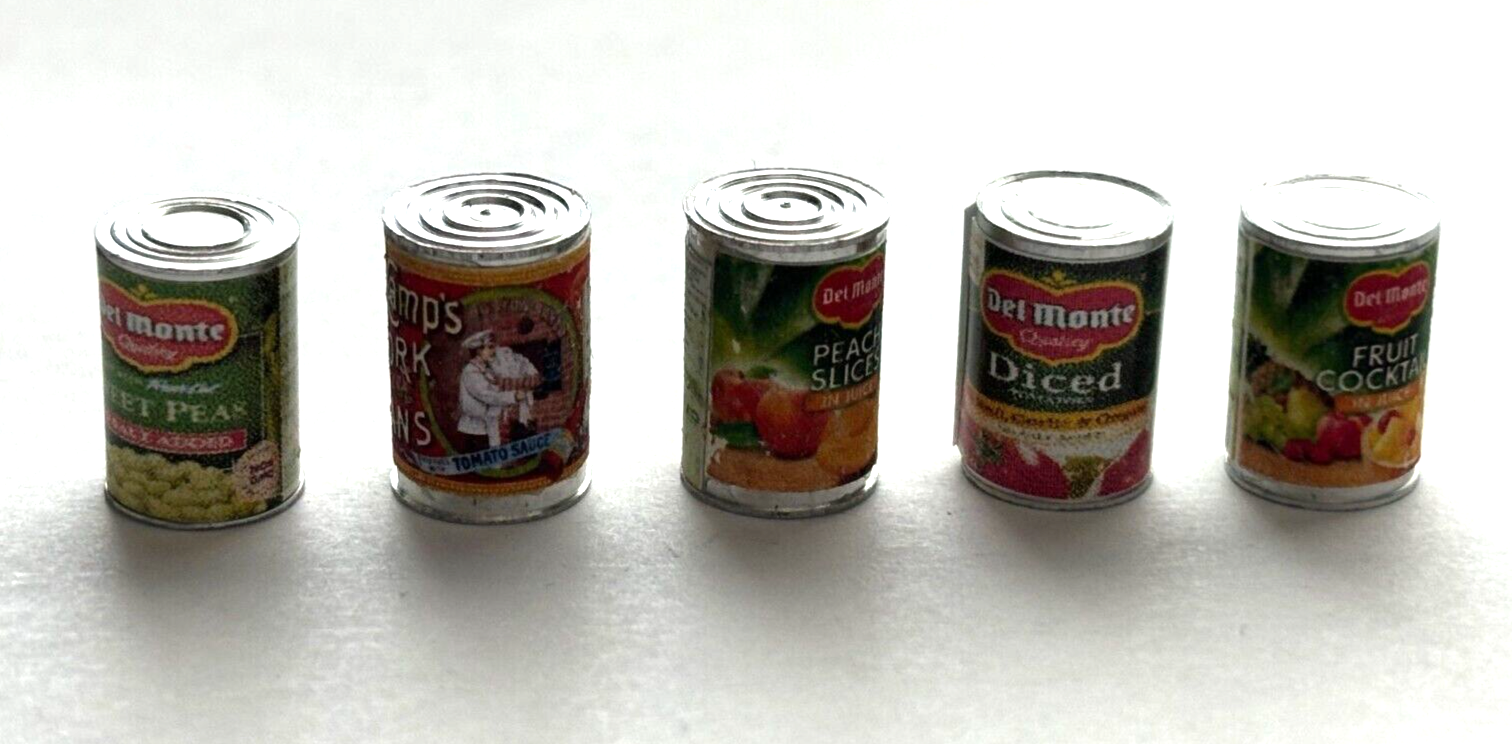 Dollhouse Miniature Canned Goods, Set of 5