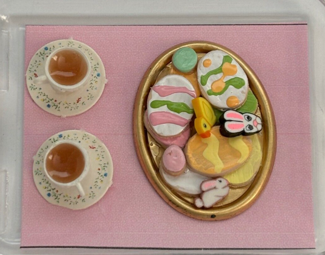 Dollhouse Miniature Easter Cookies on Tray with 2 Cups of Tea