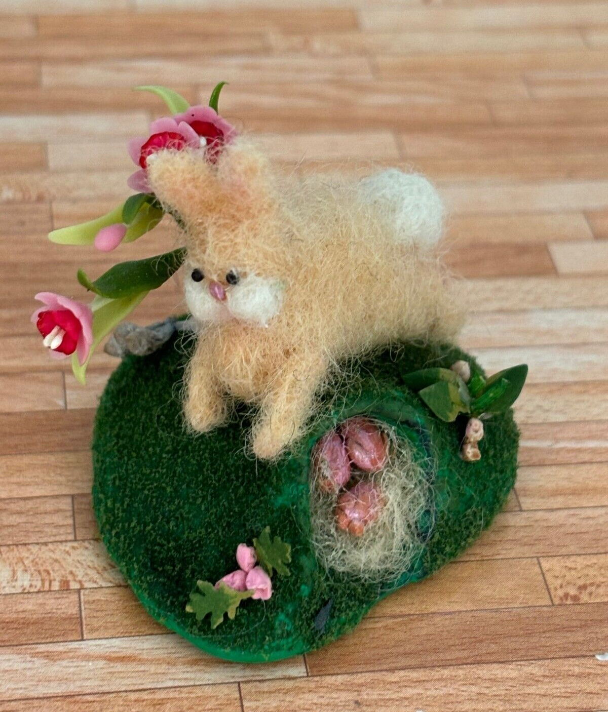 Dollhouse Miniature Felted Bunny in Spring Scene, Handcrafted