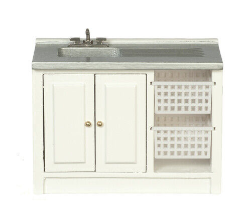 Dollhouse Miniature White Laundry Sink with Baskets