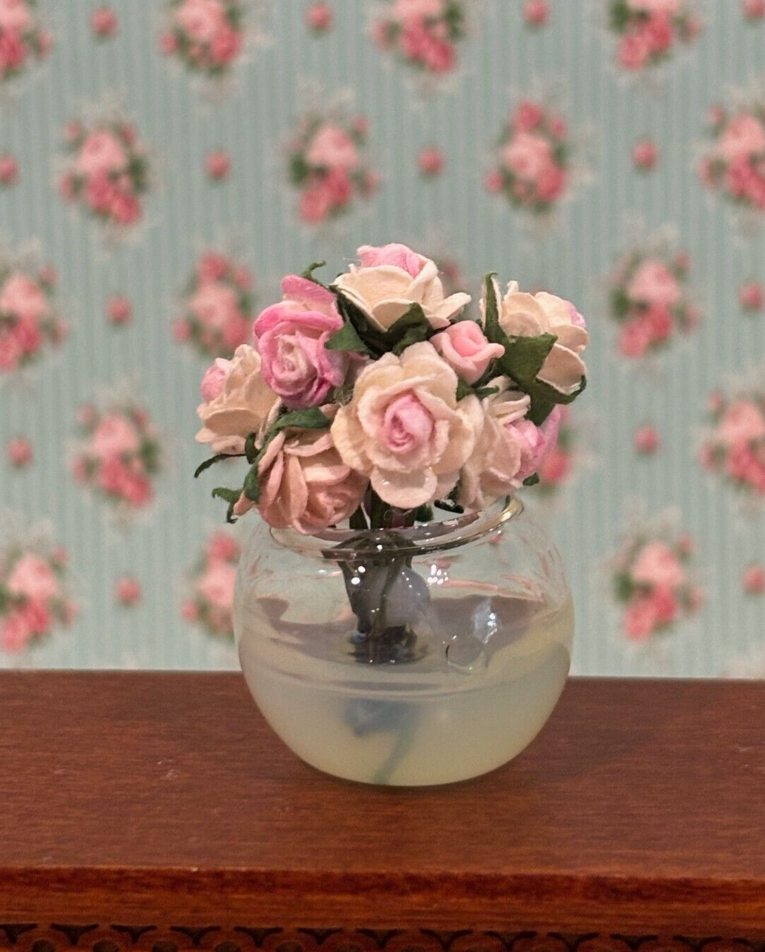 Dollhouse Miniature Glass Bowl of Roses Handcrafted