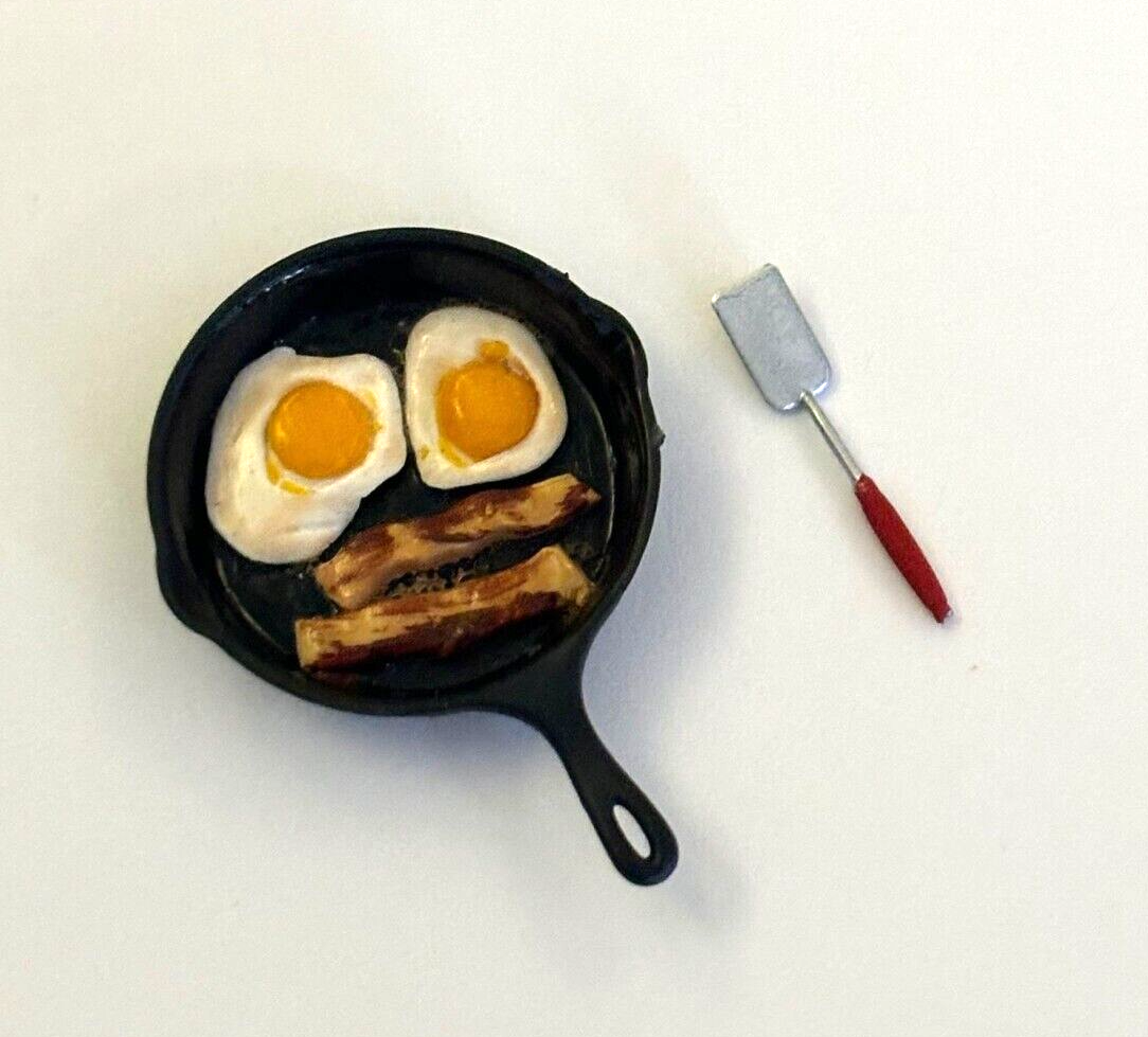 Dollhouse Miniature Bacon and Eggs in Pan with Spatula