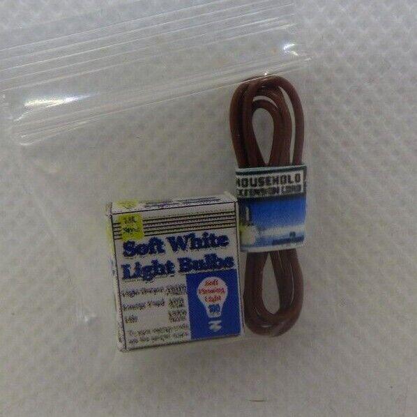 Dollhouse miniature light bulb package with brown extension cord - handcrafted