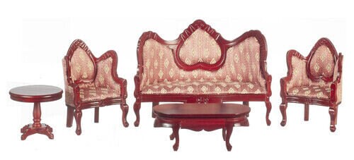 Dollhouse Miniature  Living Room Set of 5 - Pink and Walnut