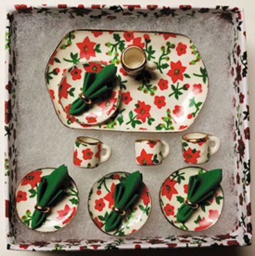 Dollhouse Miniature 13 Piece Dinnerware Set, Red Poinsettia - Handcrafted