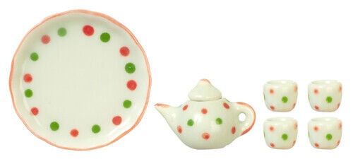 Dollhouse Miniature Dotted Tea Set, 7 Pieces