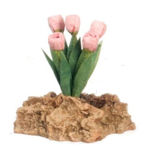 Dollhouse Miniature Light Pink Tulip Plant on Rock by Falcon Miniatures