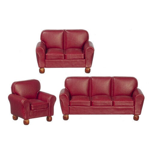 Dollhouse miniature leather sofa set in burgundy