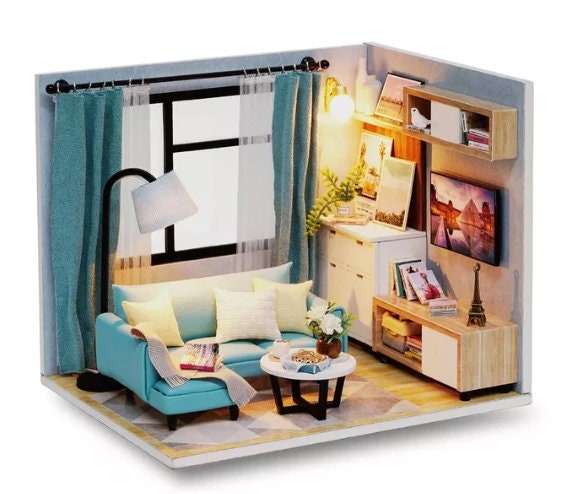 Cutebee Dollhouse Living Room in Blue Made of Wood DIY