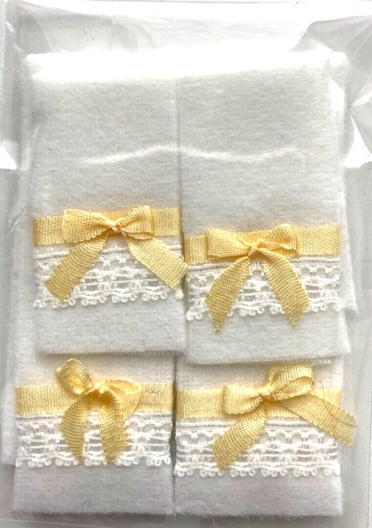 Dollhouse Miniature Bath Towel Set of 4 White and Yellow Ribbon - Handcrafted