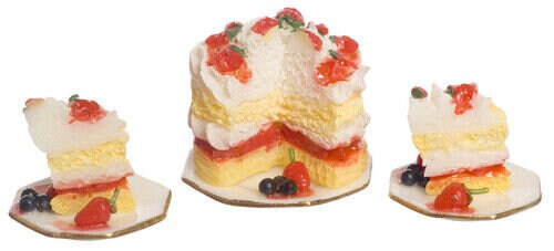 Dollhouse Miniature Strawberry Cake with 2 Dishes by Falcon Miniatures