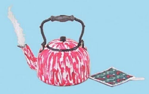 Dollhouse Miniature Teakettle, Flow Red, with Potholder