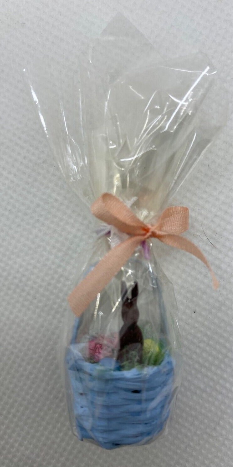 Dollhouse miniature handcrafted cellophane wrapped easter basket blue