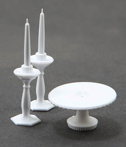 Dollhouse Miniature White Cake Plate with Two Candlesticks