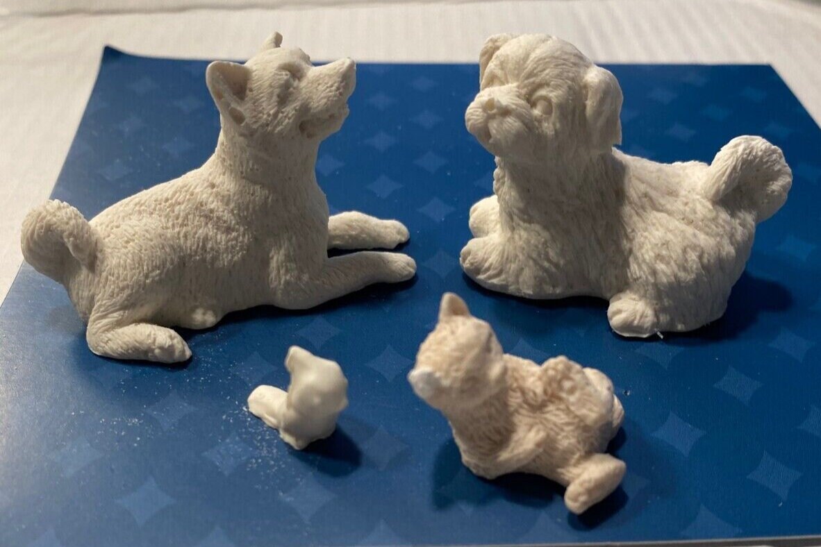 Dollhouse Miniature Statue Casting -  2 Dogs, Cat, Bird